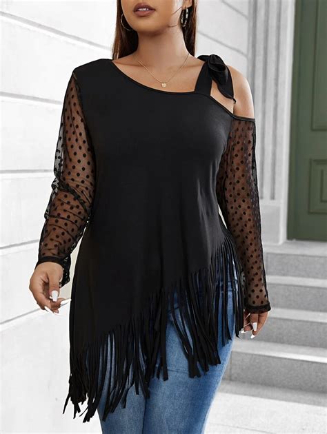 SHEIN LUNE Plus Contrast Dobby Mesh Asymmetrical Neck Fringe Hem Knot ...
