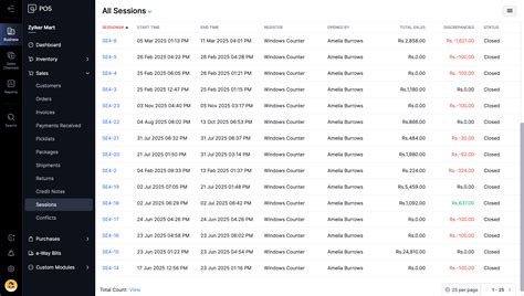 Overview of Sessions | Online help - Zoho POS