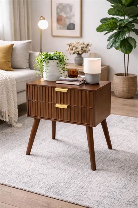 Brown Art SHOPPEE Wooden Bedside Table for Bedroom | Line Design Bed ...