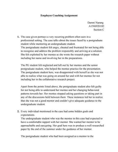 Employee Coaching Assignment - The case talks about the issues faced by ...