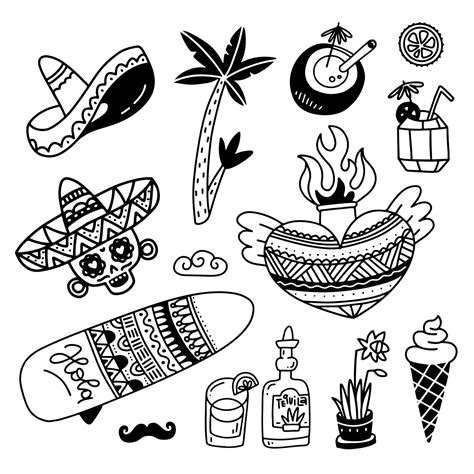 Mexican culture icons set in drawn linear doodle style. Silhouette ...