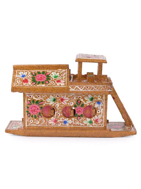 Bright Gold Paper Mache House Boat Showpiece | Order Now