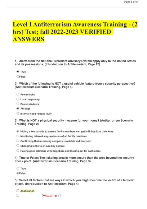Level I Antiterrorism Awareness Training - (2 hrs) Test; fall VERIFIED ...