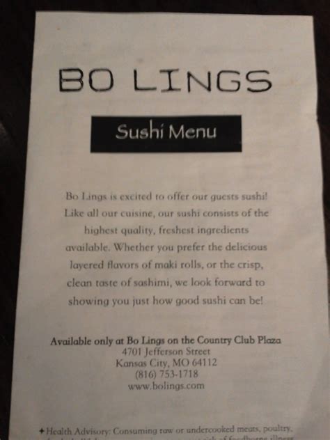 Menu at Bo Lings pub & bar, Kansas City, Jefferson St