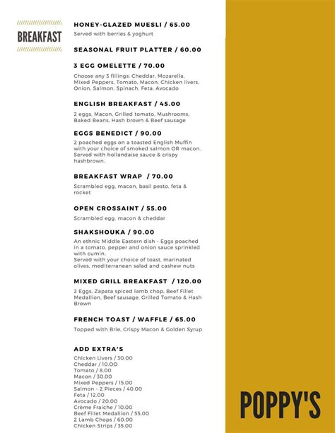 Menu at Poppy's Restaurant, Randburg, Corner Beyers Naude Drive and