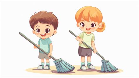 Happy Cute Kids Sweeping Floor | Premium AI-generated vector