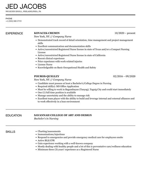 Company Nurse Resume Samples | Velvet Jobs