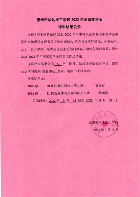 惠州市华达技工学校2022年国家奖学金评审结果公示