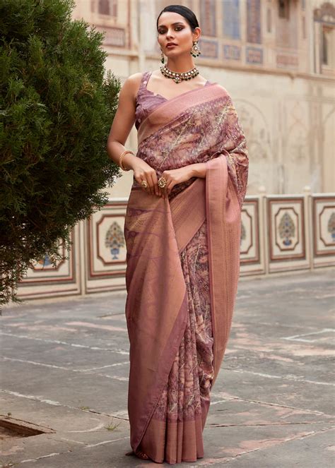 Chocolate Brown Banarasi Digital Printed Silk Saree – Maharanisaree