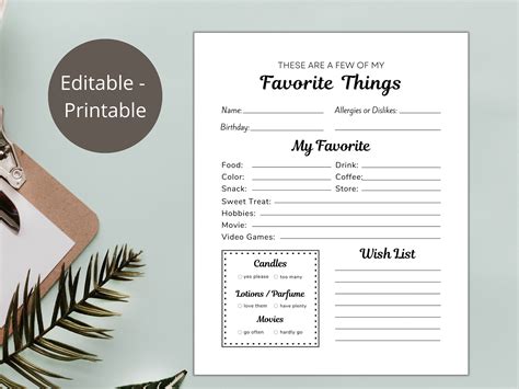 Editable My Favorite Things, Printable Questionnaire,wish List Survey ...