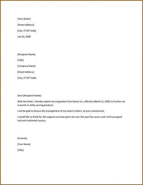 Example of Short Resignation Letter Template | Templateral