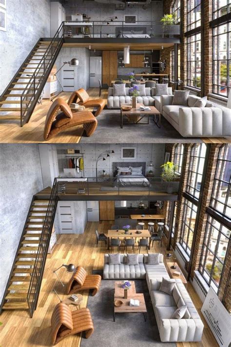 Industrial Loft House Design with Living Room and Dining Area