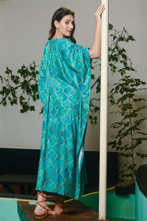Sea Blue Moroccan Geometric Print Velvet Kaftan – thesaffronsaga
