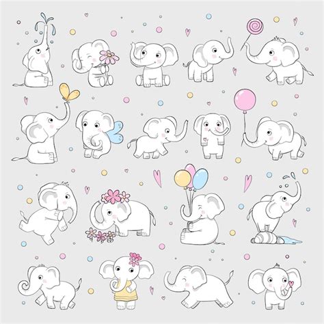 Cute elephant. wild animals in various poses attractive characters ...