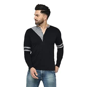 Buy Rigo Men Black with Contrast Detailing Henley Full Sleeve Cotton T ...