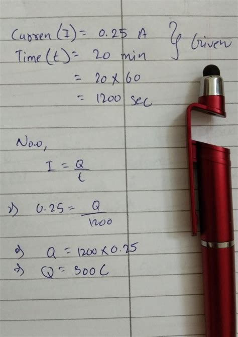 An electric bulb draws a current of 0.25 A for 20 minutes. Calculate ...