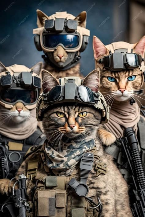 Premium AI Image | A close up of cat in military uniform with helmet on ...