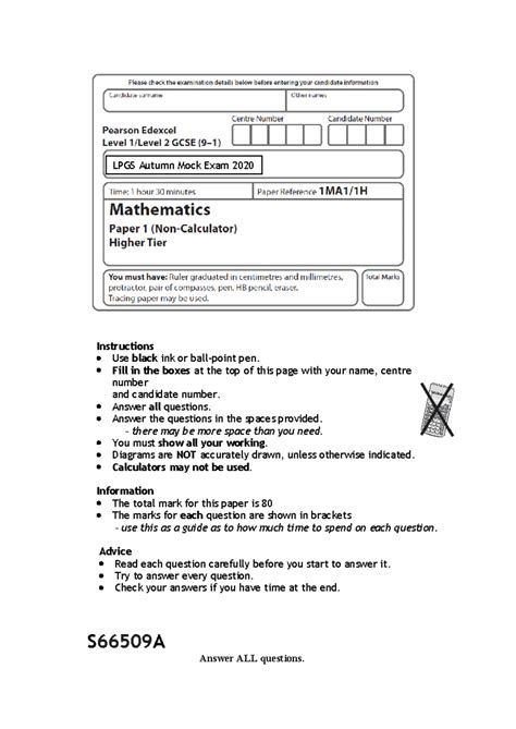 5a 1MA1 2H Mock Exam Set 5 - Maths Practice Questions - Studocu