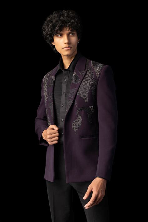 PURPLE BLOOM — Purple Open Black & Antique Grey Linear Tuxedo Set ...