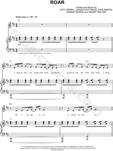 Katy Perry "Roar" Sheet Music in D Major (transposable) - Download ...