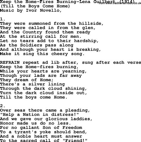 World War One(WW1)Era Song Lyrics for: Keep The Home-Fires Burning-Lena ...