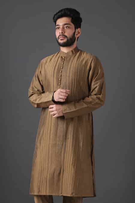 Buy Brown Poly Silk Pintuck Kurta Set For Men by Minaki Online at Aza ...