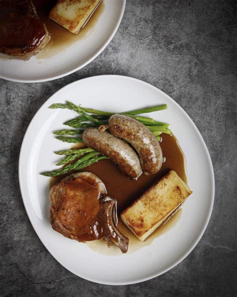 Homemade Toulouse sausage, pommes pave, cured pork chop & pan sauce : r ...