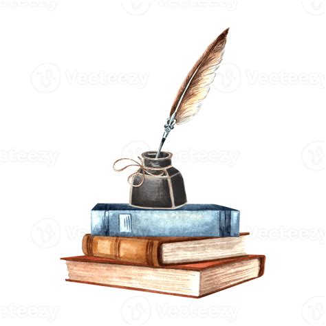 Book stack and inkwell with feather. Composition with vintage writing ...