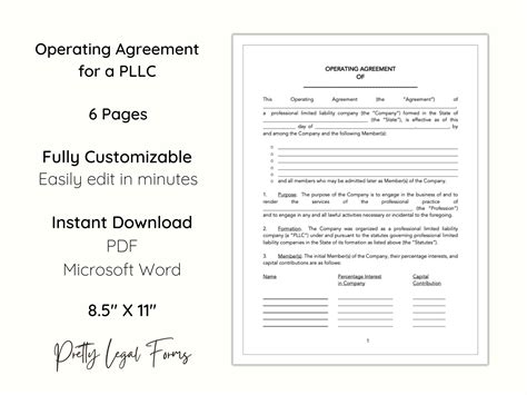 PLLC Operating Agreement Editable Template Professional Limited ...