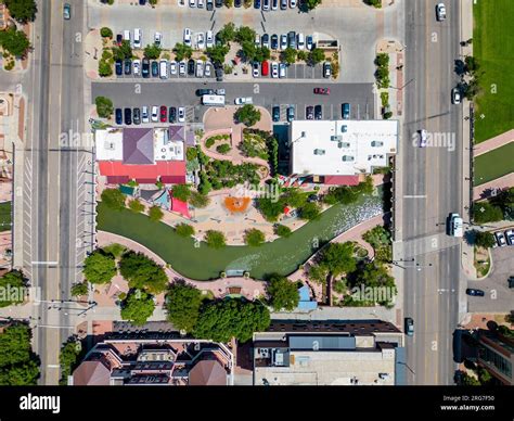 Aerial overhead photo Riverwalk Downtown Pueblo Colorado Stock Photo ...