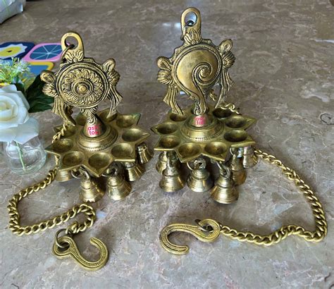 Brass Hanging Diya, Brass chain, Sangu symboled, Diya home decoration ...