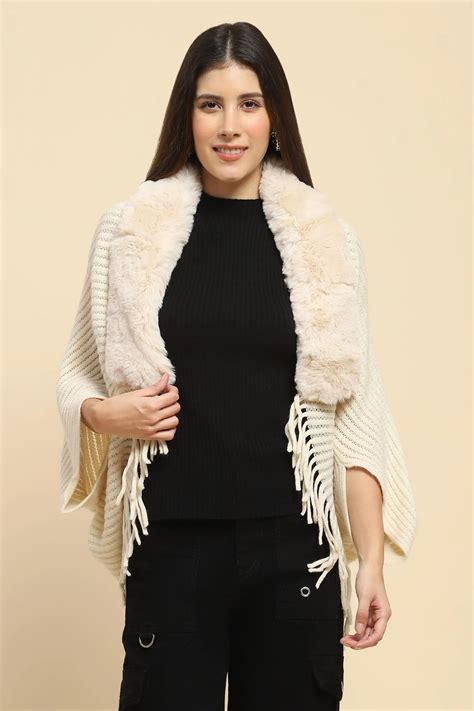 Off White Acrylic Knitted Relaxed Fit Cape – Global Republic
