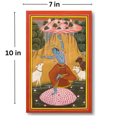 Vintage Indian Miniature Painting – Krishna Lifting Govardhan, Natural Stone Pigments on Wasli ...
