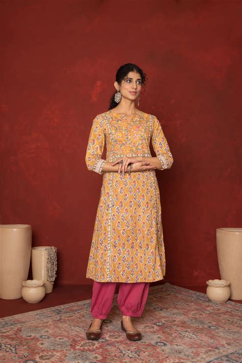 Yellow Cotton Kurta | Handblock Printed Kurta – Vari