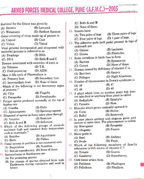 AFMC pune 2005 previous year question papers - Bachelor of Medicine and ...