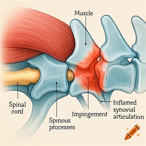Detailed medical illustration of the spine showing 'Kissing Spine Disease' with labels for ...
