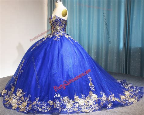Royal Gold Sequined Floral Appliques Tiered Horsehair Hem Quinceanera Dress