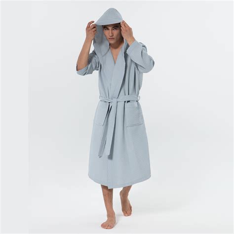 Men's Blue Gray Hooded Turkish Cotton Waffle Robe | SEYANTE