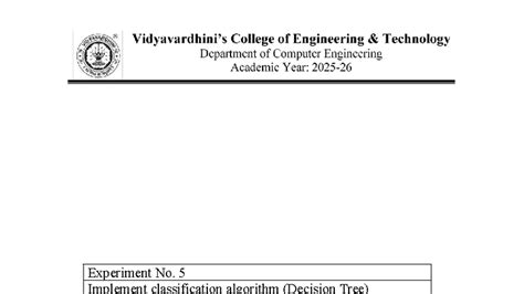 Experiment No. 5: Implementing Decision Tree Classification - Studocu