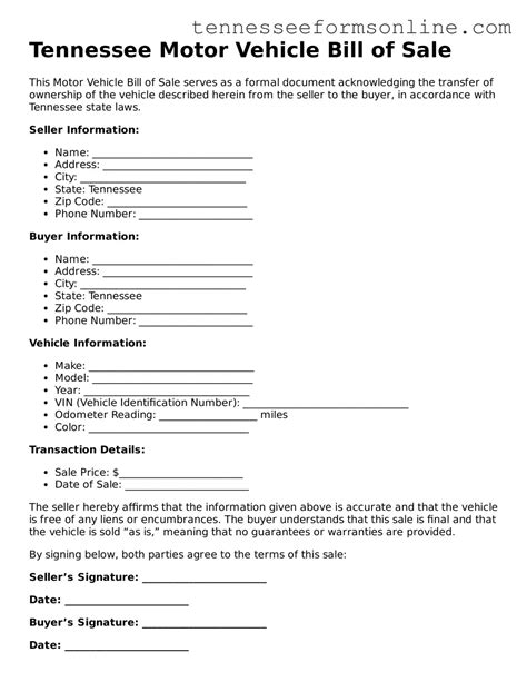 Valid Tennessee Motor Vehicle Bill of Sale Forms Fillable Template