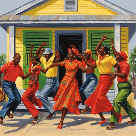 a group of black people dancing, dressed in red, green and yellow, the ...