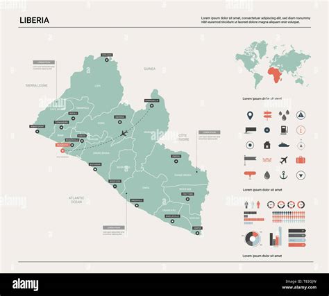 Vector map of Liberia. High detailed country map with division, cities ...