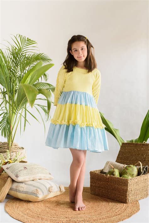 Sunset at Alleppey- Blue & Yellow Organic Cotton Tiered Dress For Girl ...