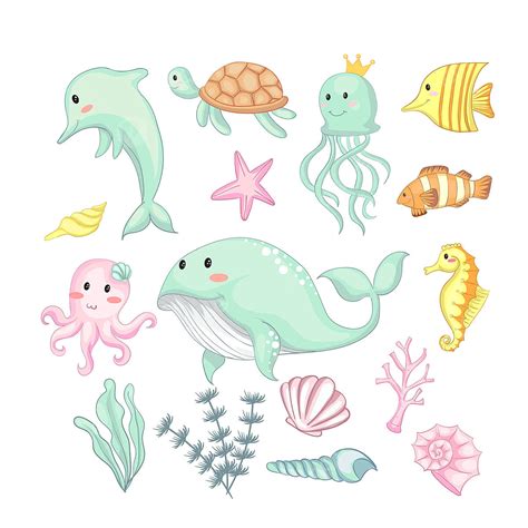 Sea Hand Drawn Vector PNG Images, Set Of Illustration Cute Animal And ...