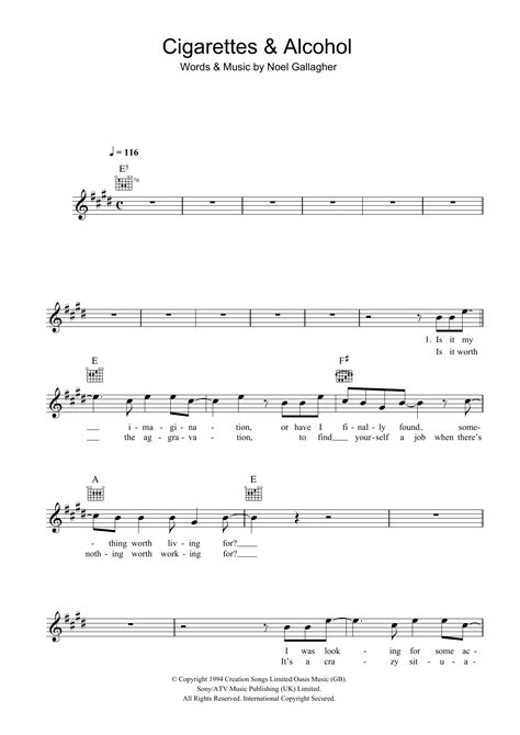 Oasis "Cigarettes and Alcohol" Sheet Music for Guitar Chords/Lyrics ...