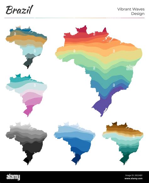 Set of vector maps of Brazil. Vibrant waves design. Bright map of country in geometric smooth ...