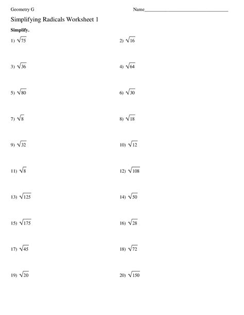 Simplify Radical Expressions Worksheet