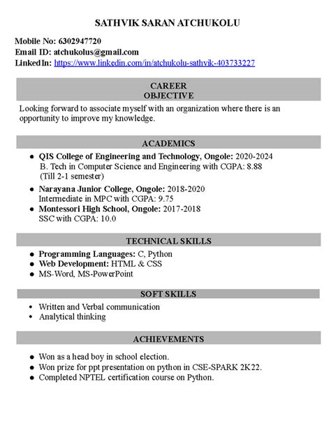 Sathvik Resume - I Want this as a reference model to prepare my ...