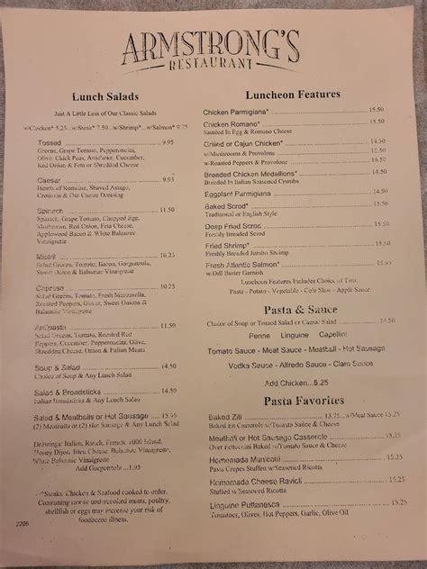 Menu at Armstrong's restaurant, Pittsburgh