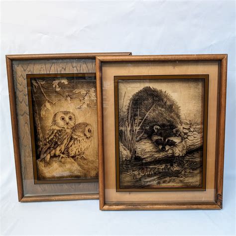 Set of 2 Vintage Etched Glass by Dennis Curry - Owls and Racoon